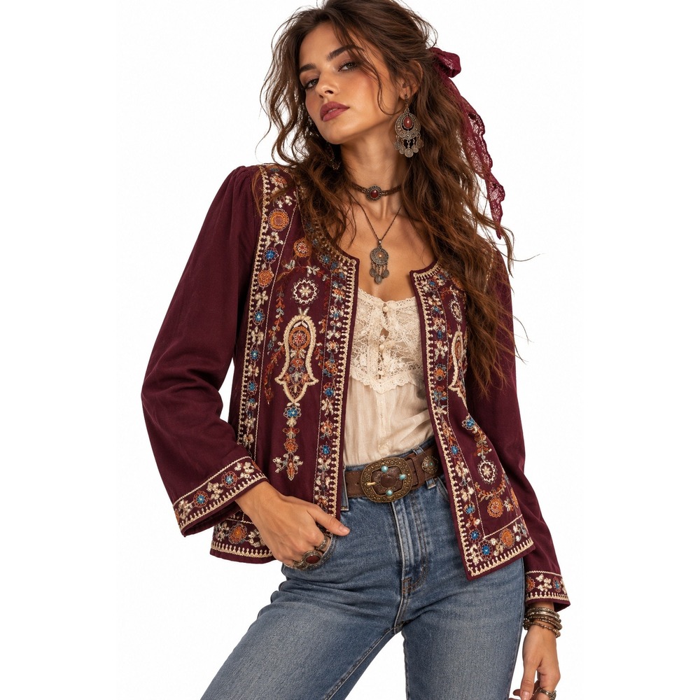 Soft Surroundings Embroidered Open Front Boho Jacket sz S Burgundy Elevated